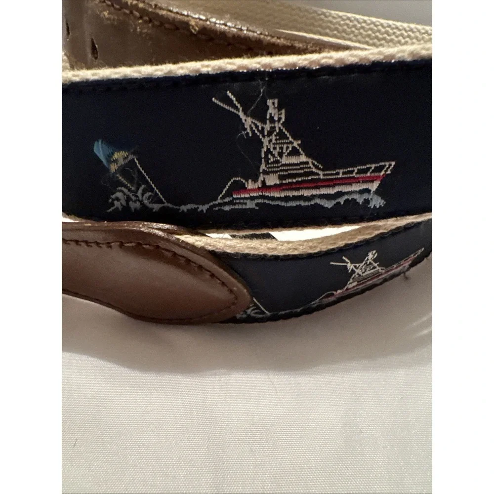 LEATHER MAN LTD‎ Belt Mens Sz42 Gamefish Navy Ribbon Leather Canvas Brass 1.25
